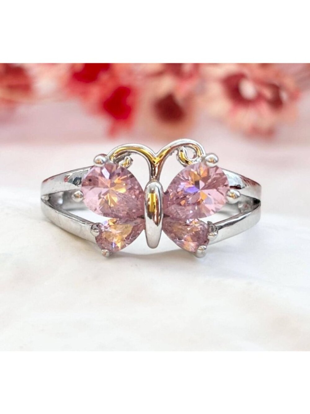 Butterfly Figural Pink Topaz Vintage Sterling Silver 925 Vintage Ring - sz 7.5